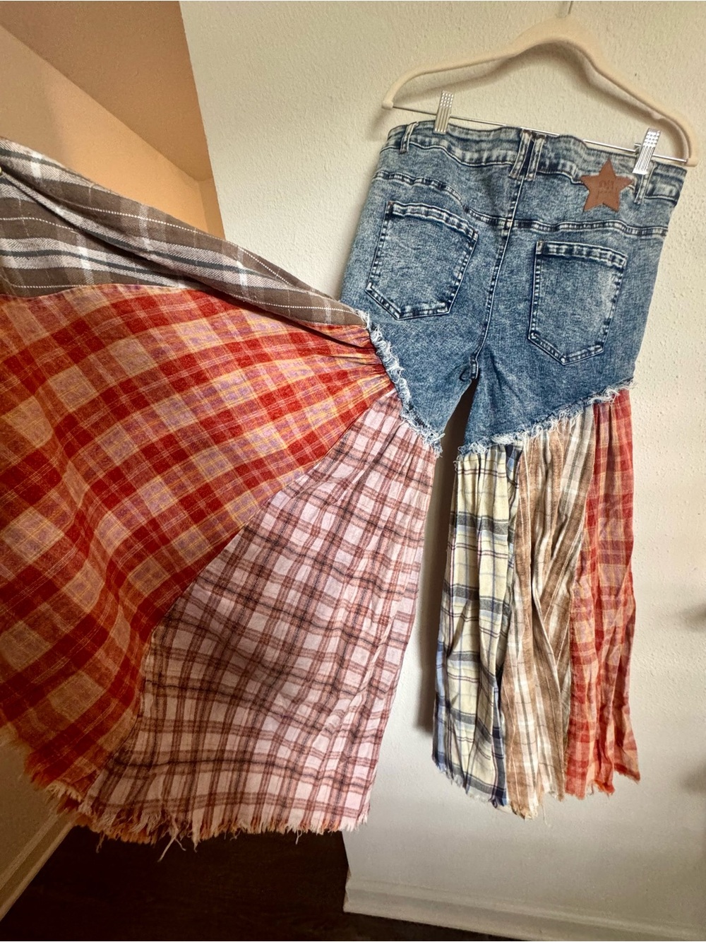 Boho Denim Patchwork pants with Plaid Ruffle - Picture 5 of 7